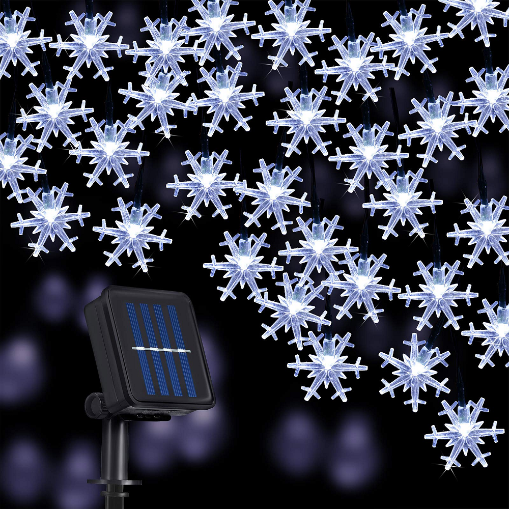 Solar Christmas Lights Snowflake 23ft 50 LED 8 Modes Fairy String Lights for Outdoor Garden Holiday Party Patio Yard Christmas Decorations, White